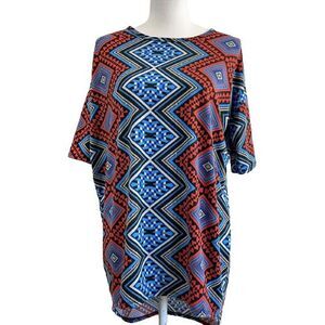 LuLaRoe XXS Irma Tee Red Blue Gray Geometric Hi-Low Top